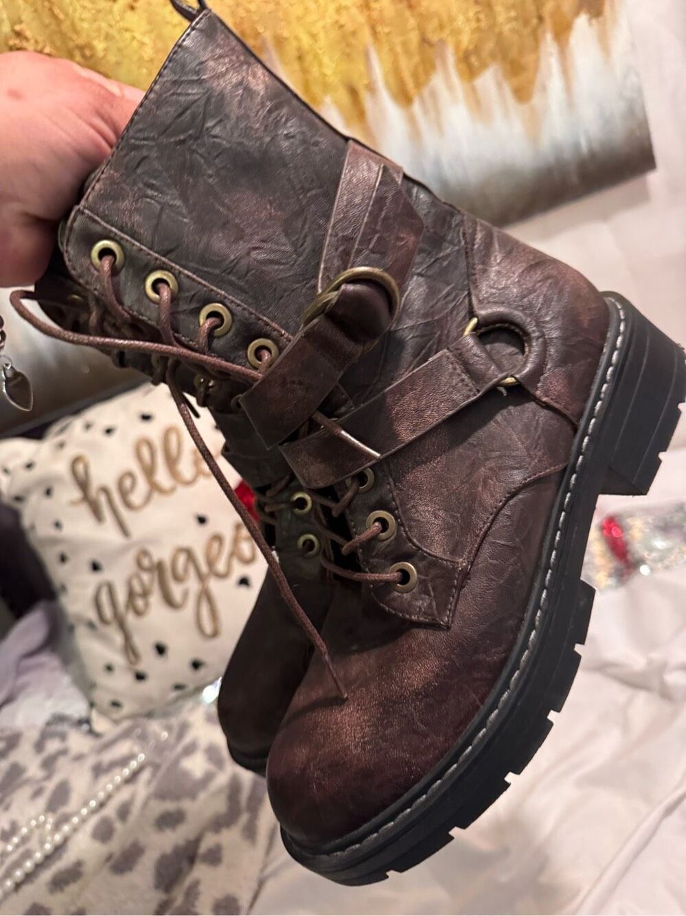 Seven 7 jeans cardi B lace up combat hiking boot/bootie shoes brown 10